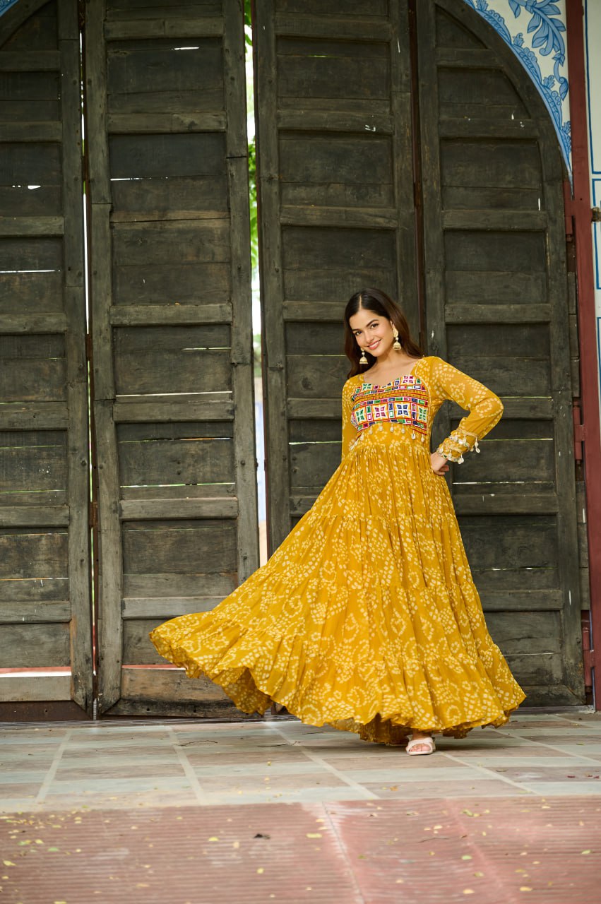 Yellow Faux Georgette Bandhani Print Gown with Kutchi Patchwork – Full Sleeves, 12 Meter Flair, Cotton Lining