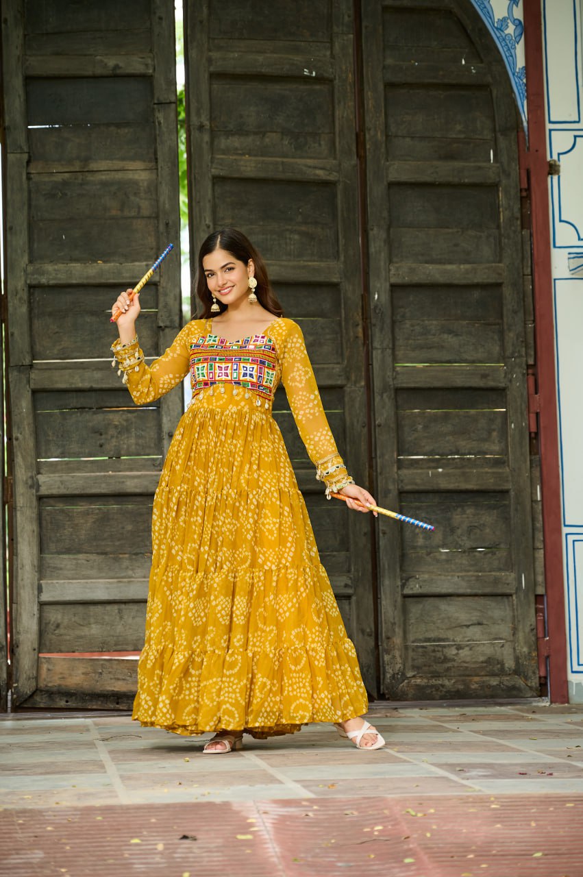 Yellow Faux Georgette Bandhani Print Gown with Kutchi Patchwork – Full Sleeves, 12 Meter Flair, Cotton Lining