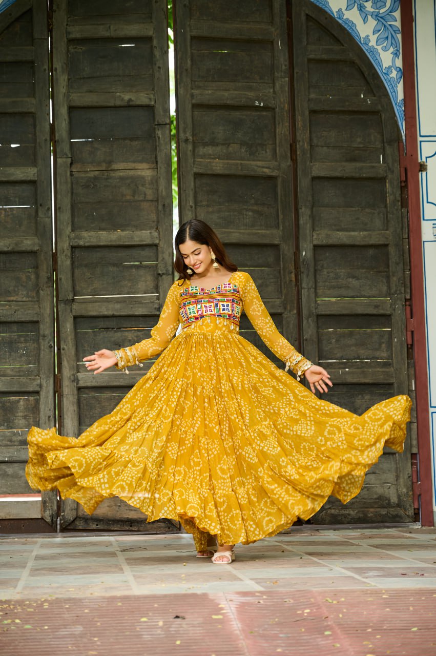 Yellow Faux Georgette Bandhani Print Gown with Kutchi Patchwork – Full Sleeves, 12 Meter Flair, Cotton Lining
