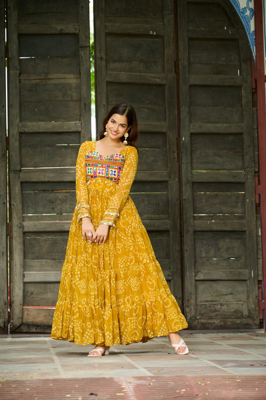 Yellow Faux Georgette Bandhani Print Gown with Kutchi Patchwork – Full Sleeves, 12 Meter Flair, Cotton Lining