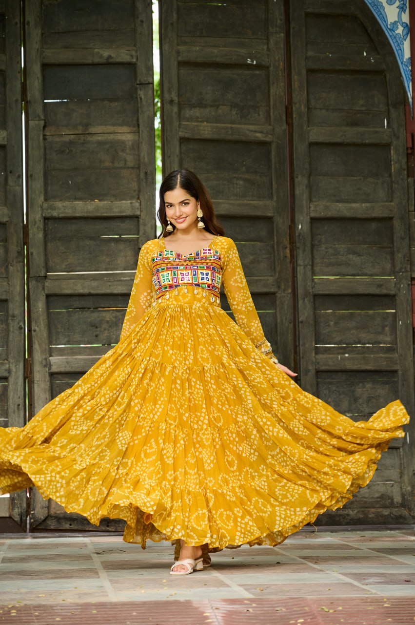 Yellow Faux Georgette Bandhani Print Gown with Kutchi Patchwork – Full Sleeves, 12 Meter Flair, Cotton Lining