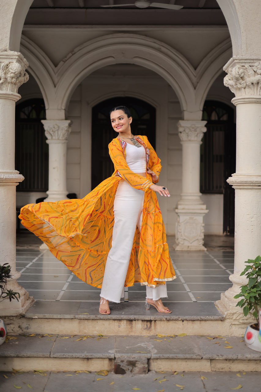 Yellow Faux Georgette Bandhani Shrug with Kutchi Patchwork
