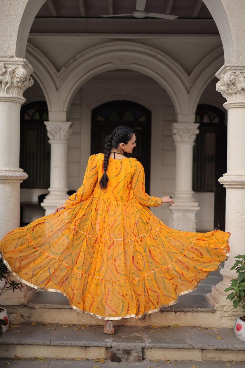 Yellow Faux Georgette Bandhani Shrug with Kutchi Patchwork