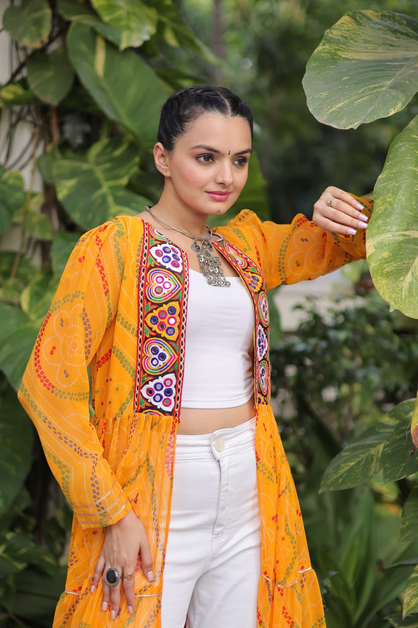 Yellow Faux Georgette Bandhani Shrug with Kutchi Patchwork