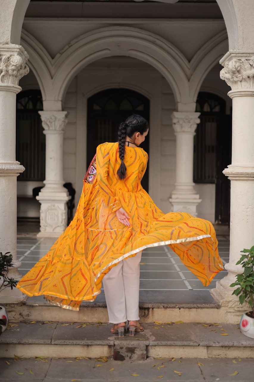 Yellow Faux Georgette Bandhani Shrug with Kutchi Patchwork
