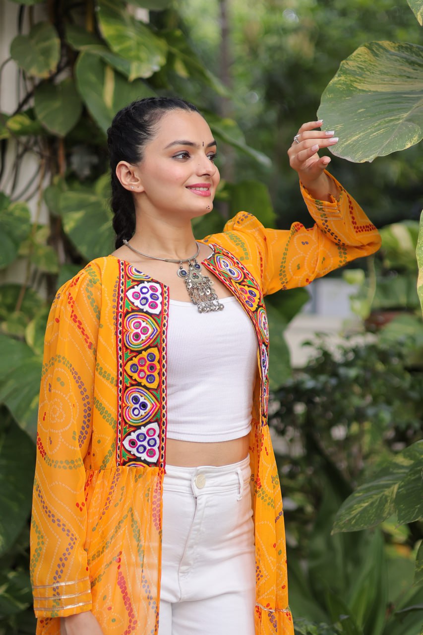 Yellow Faux Georgette Bandhani Shrug with Kutchi Patchwork