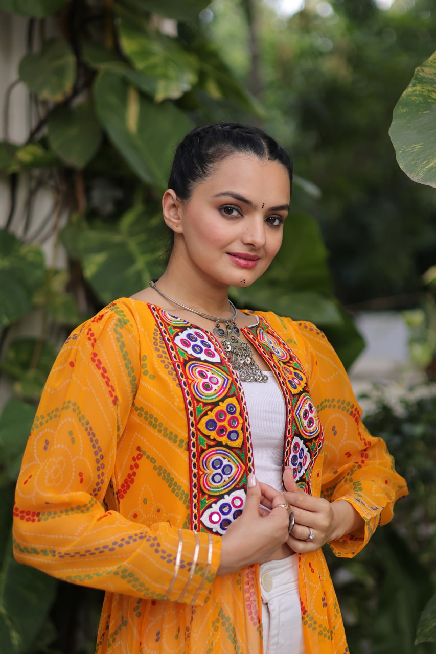 Yellow Faux Georgette Bandhani Shrug with Kutchi Patchwork