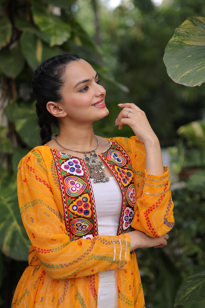 Yellow Faux Georgette Bandhani Shrug with Kutchi Patchwork