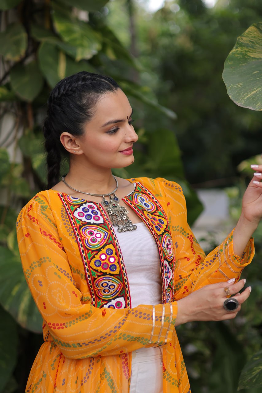 Yellow Faux Georgette Bandhani Shrug with Kutchi Patchwork