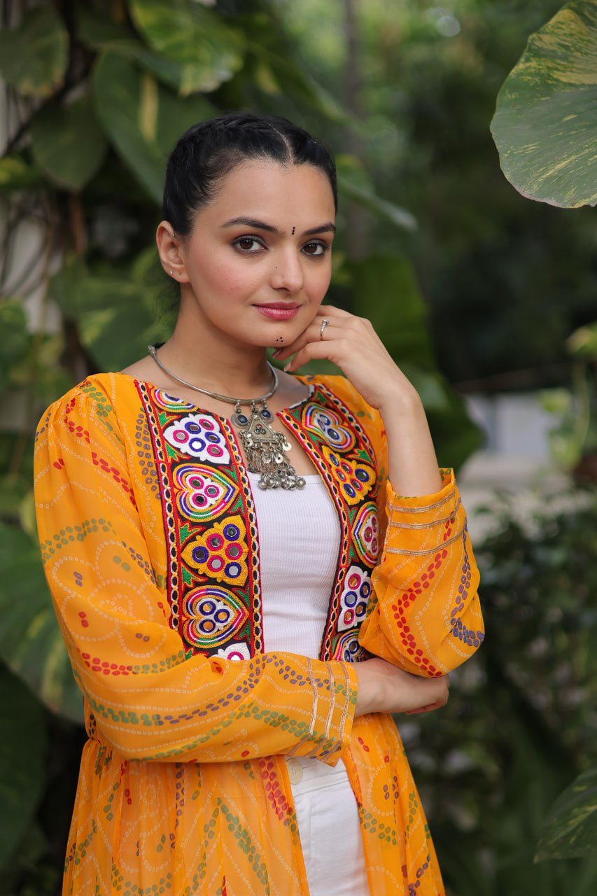 Yellow Faux Georgette Bandhani Shrug with Kutchi Patchwork