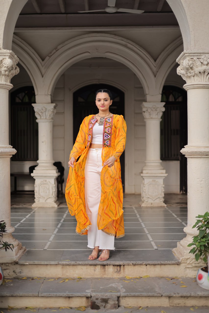 Yellow Faux Georgette Bandhani Shrug with Kutchi Patchwork