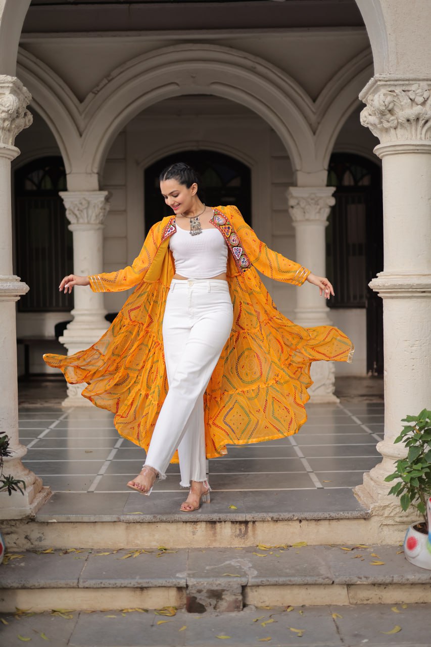 Yellow Faux Georgette Bandhani Shrug with Kutchi Patchwork