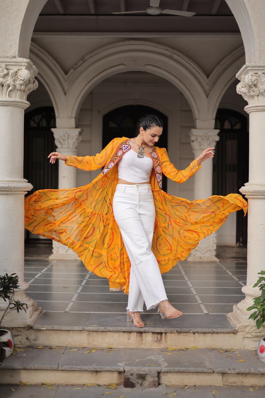 Yellow Faux Georgette Bandhani Shrug with Kutchi Patchwork
