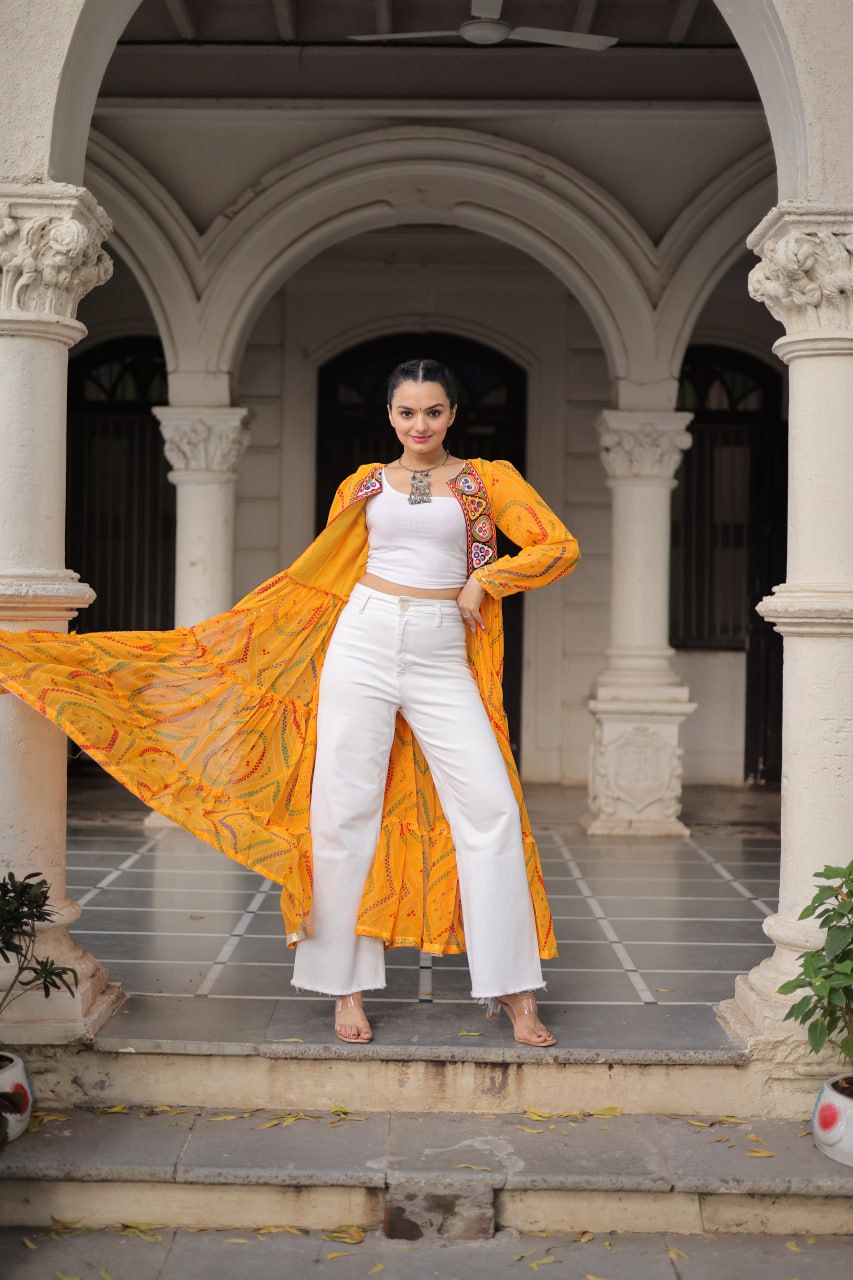 Yellow Faux Georgette Bandhani Shrug with Kutchi Patchwork