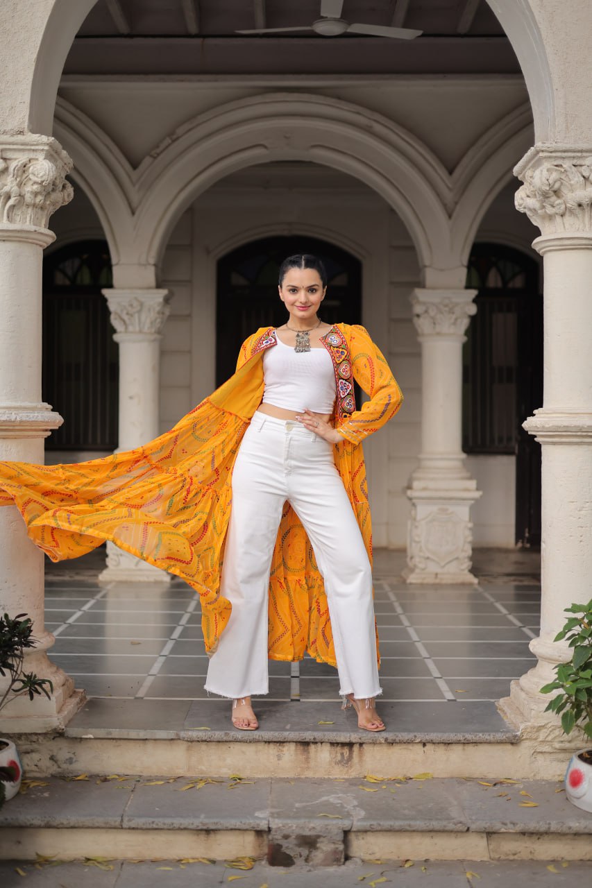Yellow Faux Georgette Bandhani Shrug with Kutchi Patchwork