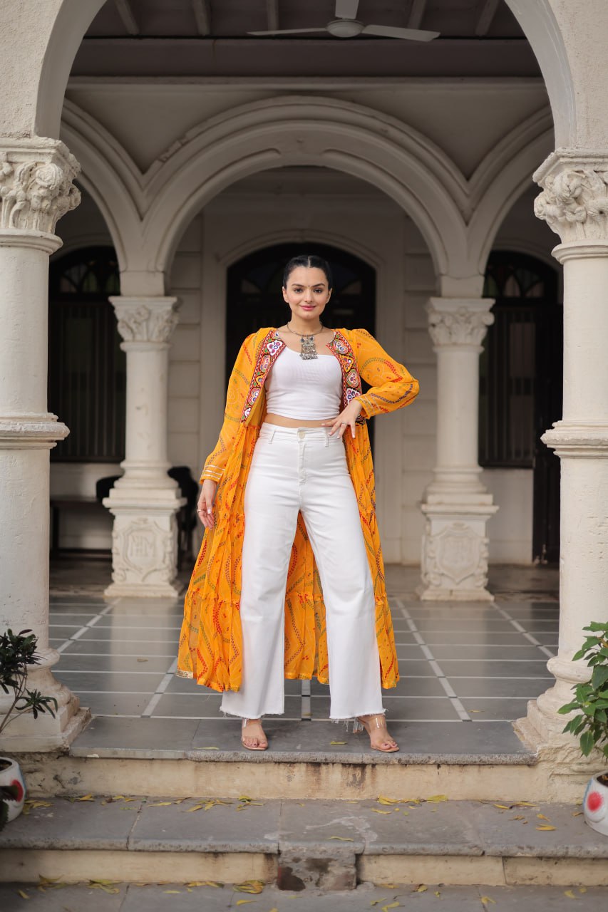 Yellow Faux Georgette Bandhani Shrug with Kutchi Patchwork