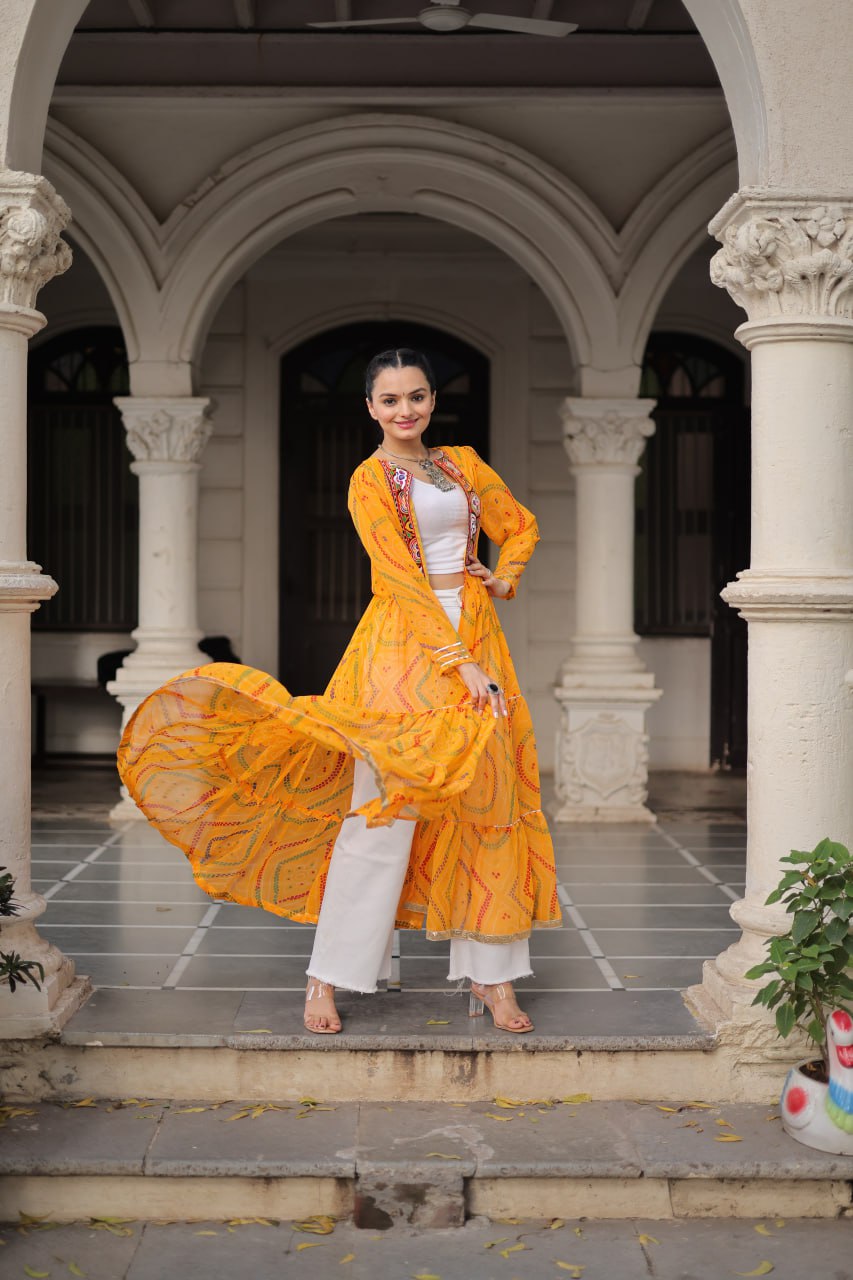 Yellow Faux Georgette Bandhani Shrug with Kutchi Patchwork