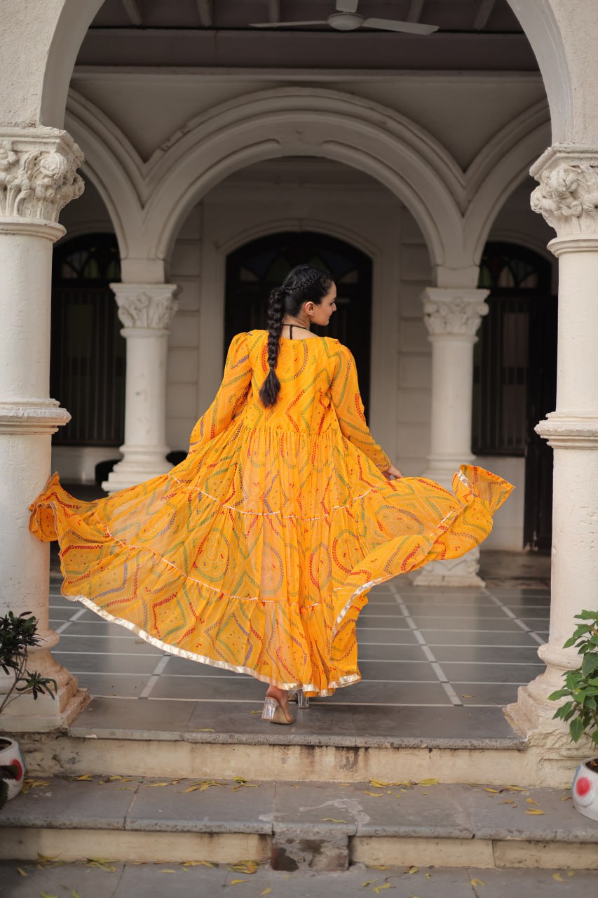 Yellow Faux Georgette Bandhani Shrug with Kutchi Patchwork