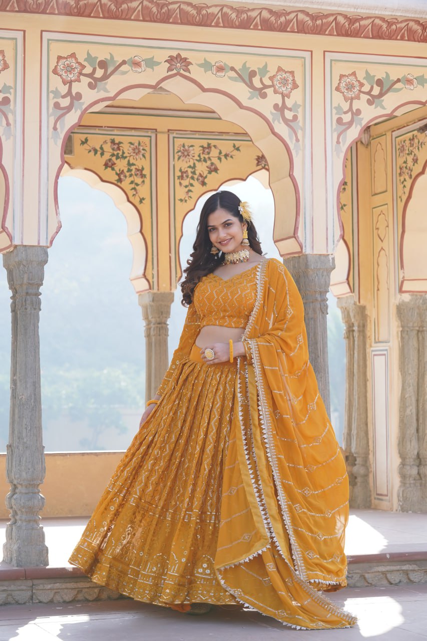 Shimmering Yellow Faux Georgette Lehenga Choli with Sequins & Thread Work