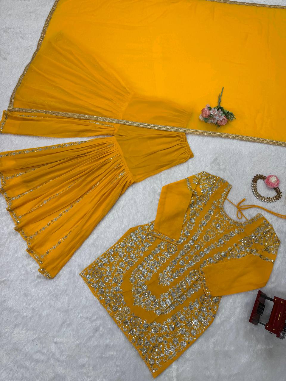 Yellow Faux Georgette Sharara Set with Thread & Sequin Work Full Stitched Outfit with Lace Border Dupatta
