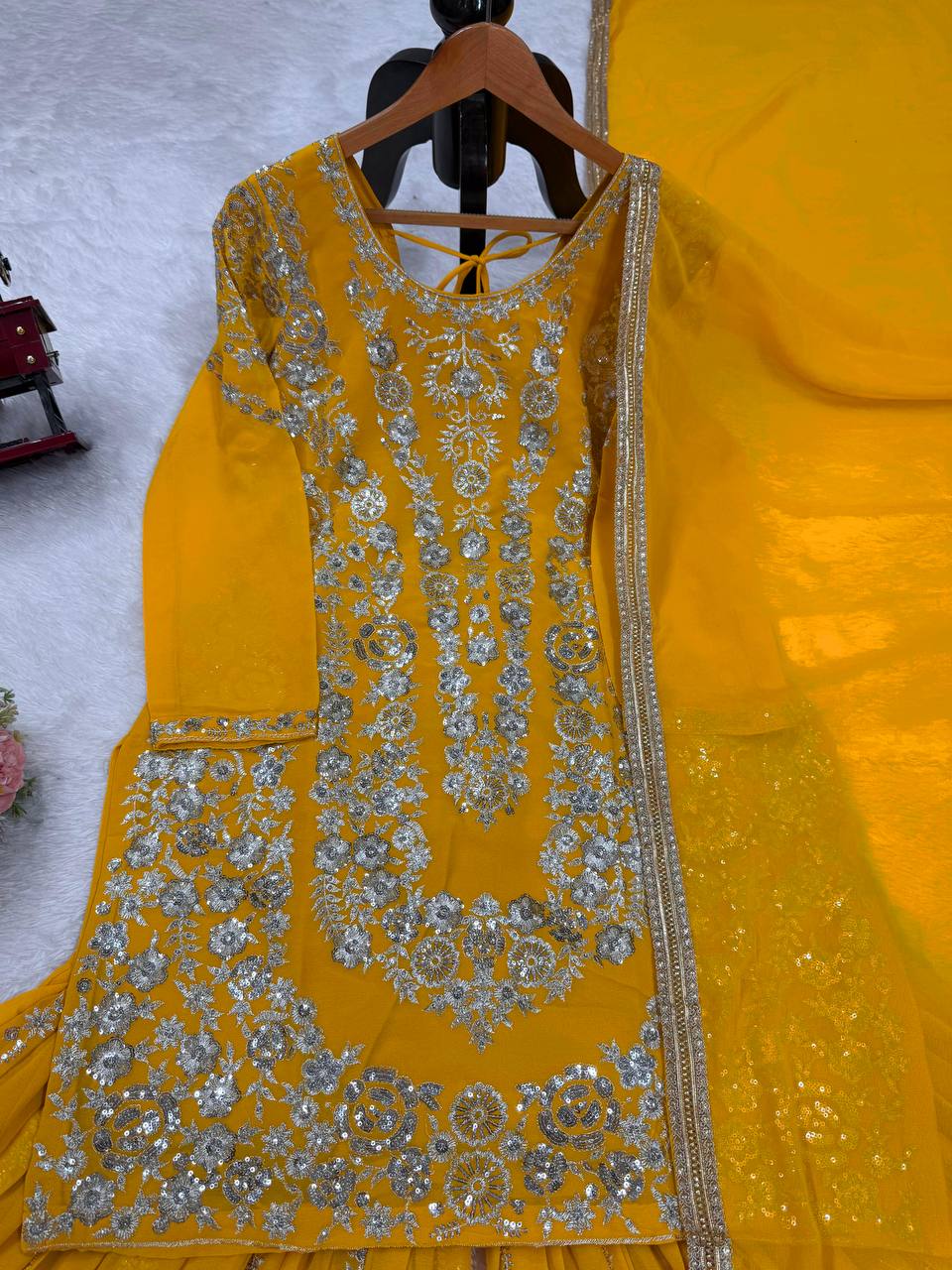 Yellow Faux Georgette Sharara Set with Thread & Sequin Work Full Stitched Outfit with Lace Border Dupatta