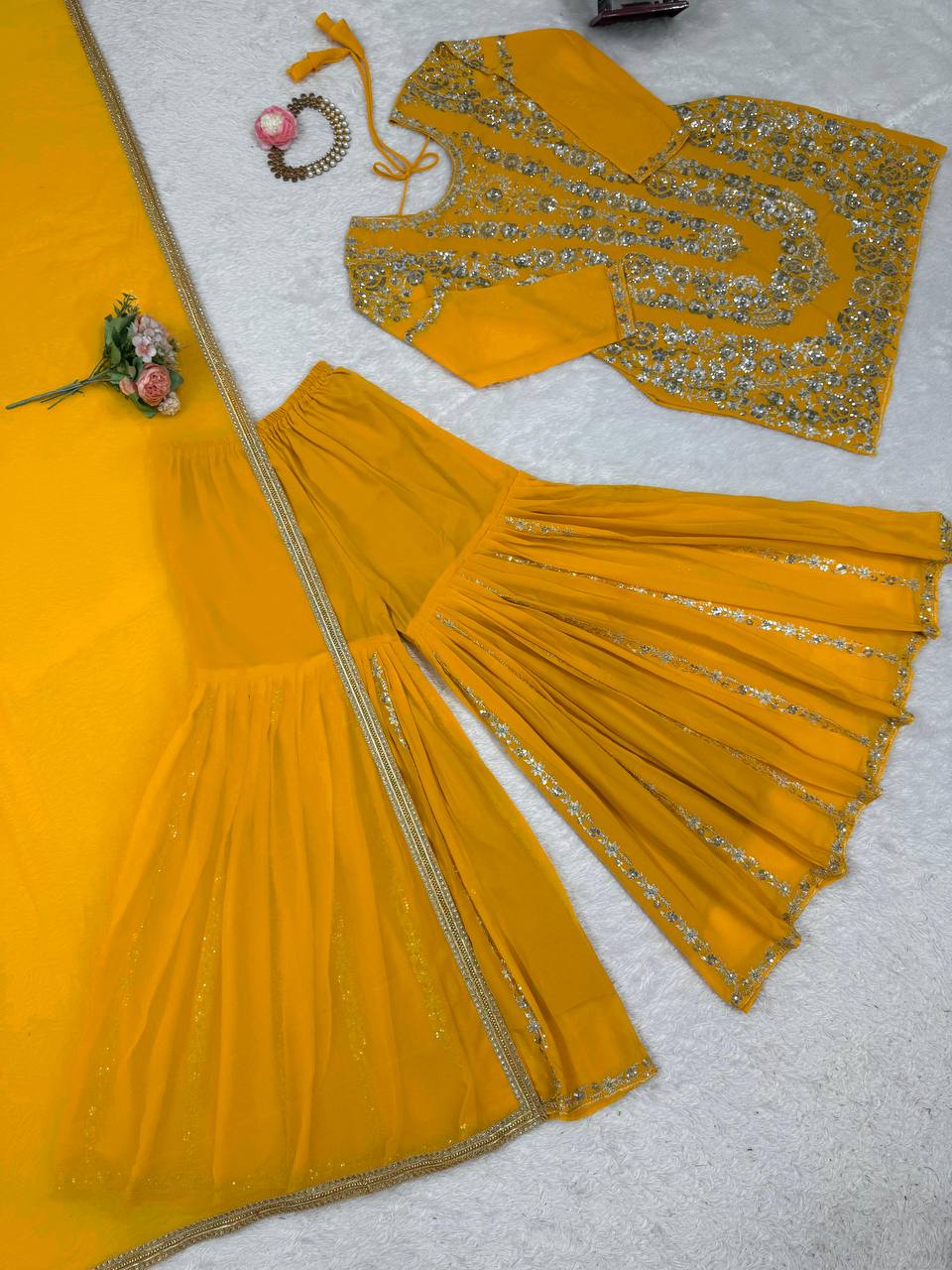Yellow Faux Georgette Sharara Set with Thread & Sequin Work Full Stitched Outfit with Lace Border Dupatta