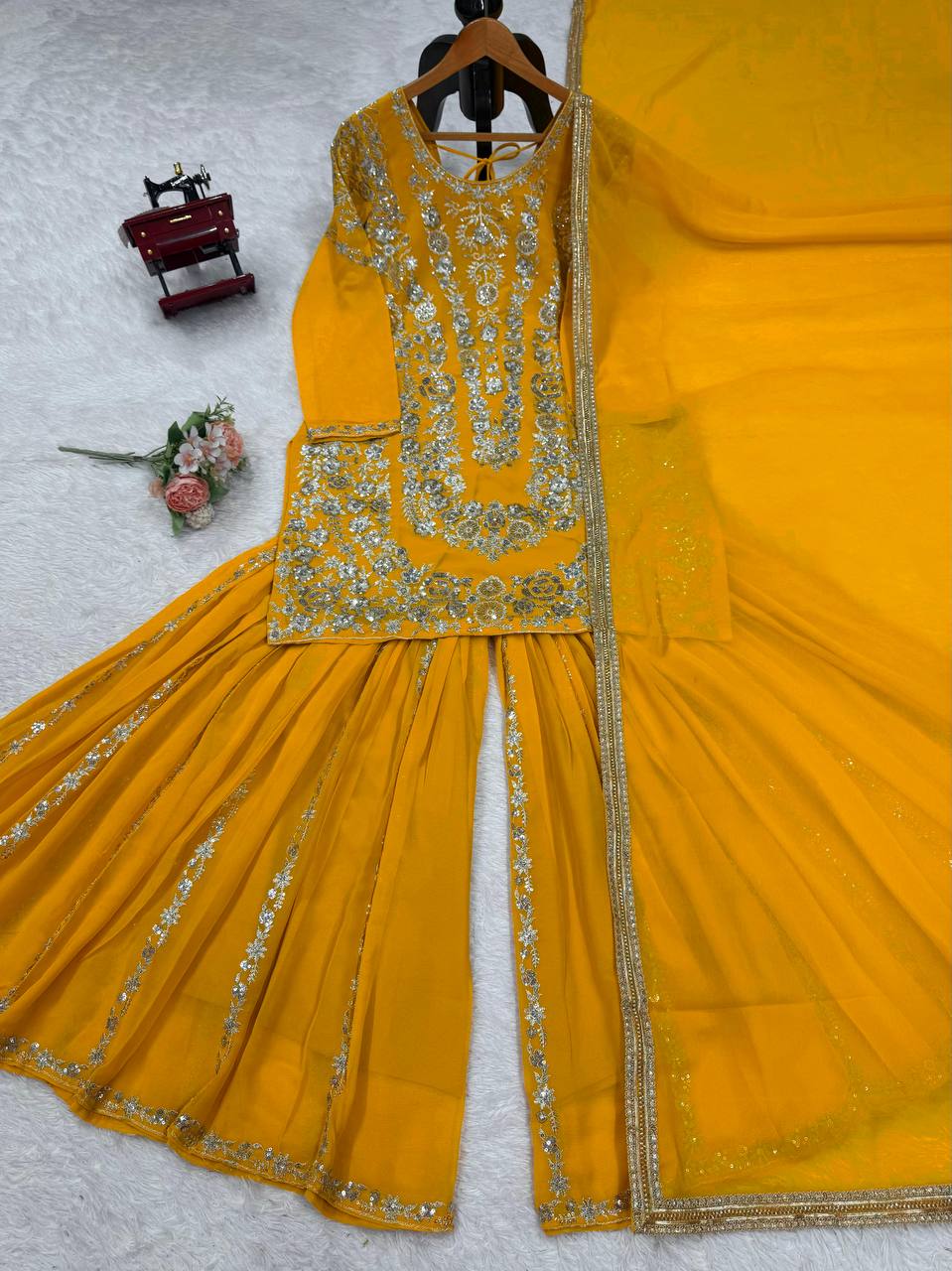 Yellow Faux Georgette Sharara Set with Thread & Sequin Work Full Stitched Outfit with Lace Border Dupatta