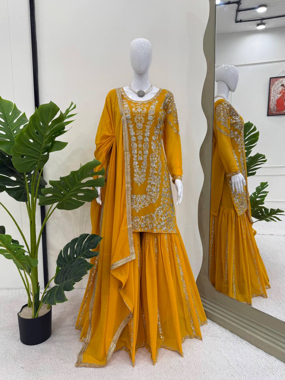 Yellow Faux Georgette Sharara Set with Thread & Sequin Work Full Stitched Outfit with Lace Border Dupatta