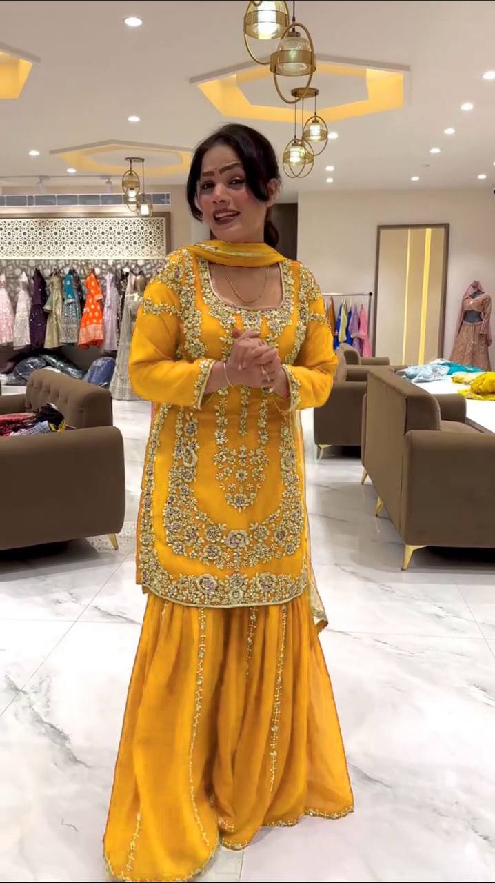 Yellow Faux Georgette Sharara Set with Thread & Sequin Work Full Stitched Outfit with Lace Border Dupatta