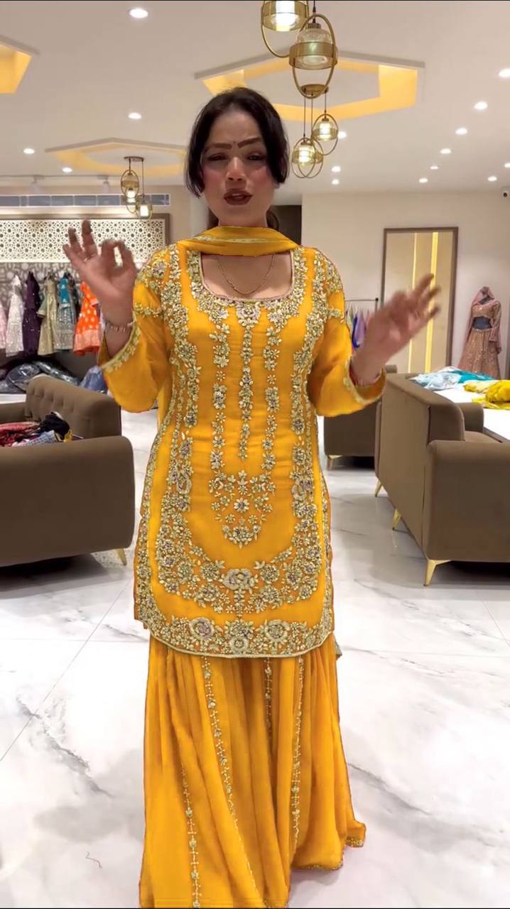 Yellow Faux Georgette Sharara Set with Thread & Sequin Work Full Stitched Outfit with Lace Border Dupatta