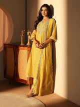 Libas Yellow Floral Embroidered Silk Blend A-Line Suit Set