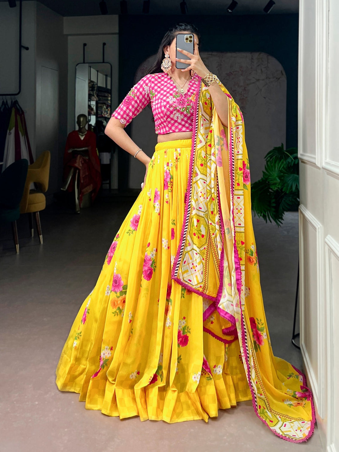 Yellow Floral Georgette Lehenga Choli