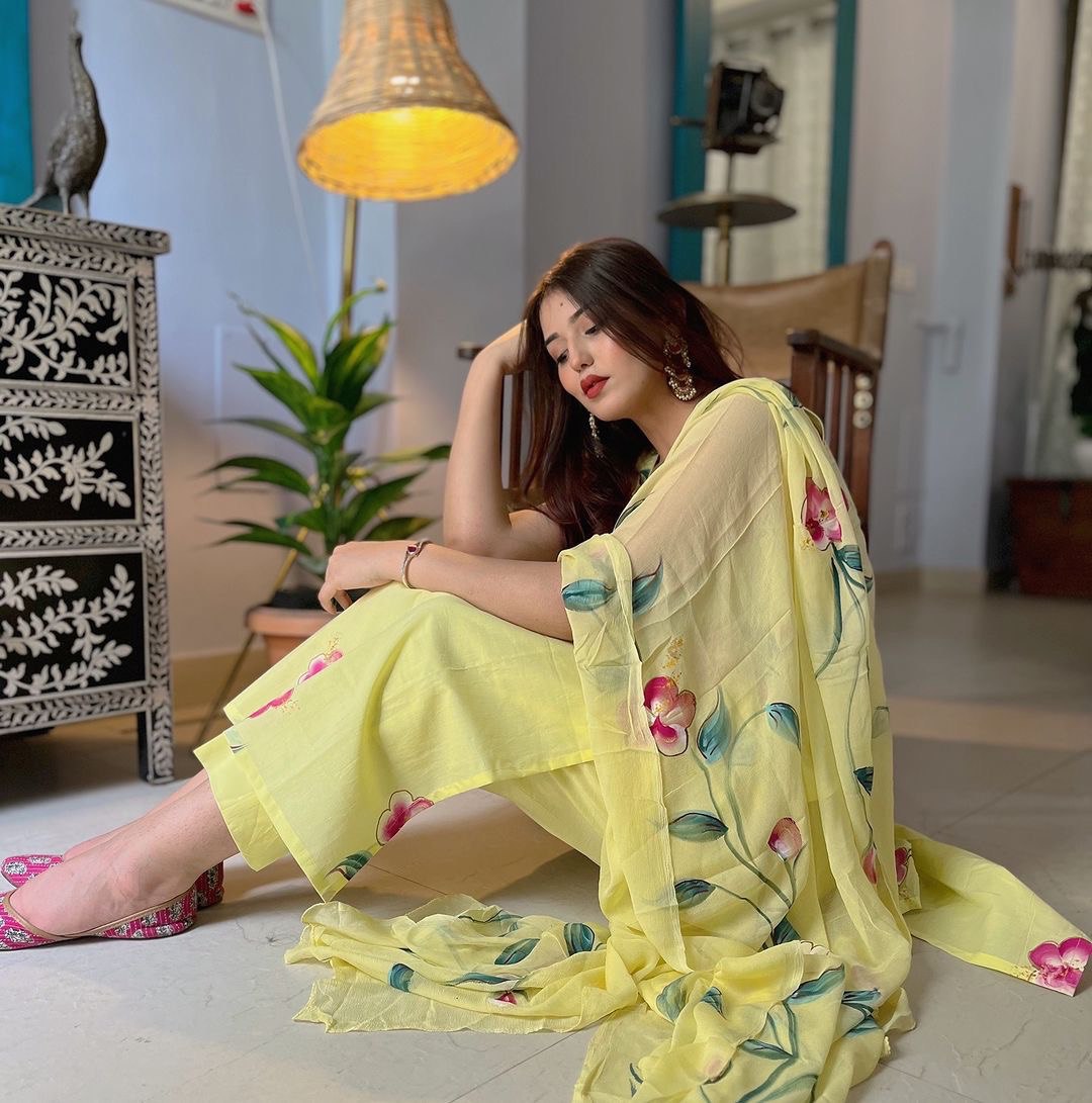Yellow Floral Handpainted Straight Cut Suit - Elegance with a Modern Touch