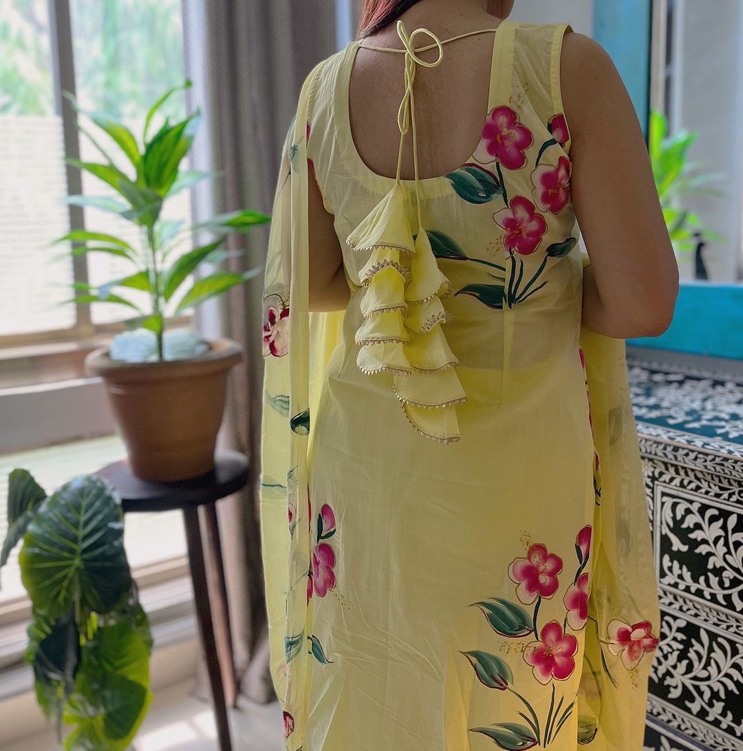 Yellow Floral Handpainted Straight Cut Suit - Elegance with a Modern Touch