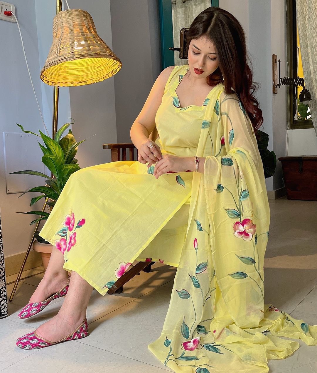Yellow Floral Handpainted Straight Cut Suit - Elegance with a Modern Touch