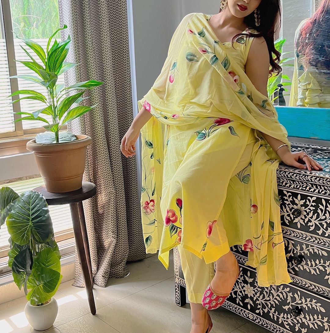 Yellow Floral Handpainted Straight Cut Suit - Elegance with a Modern Touch