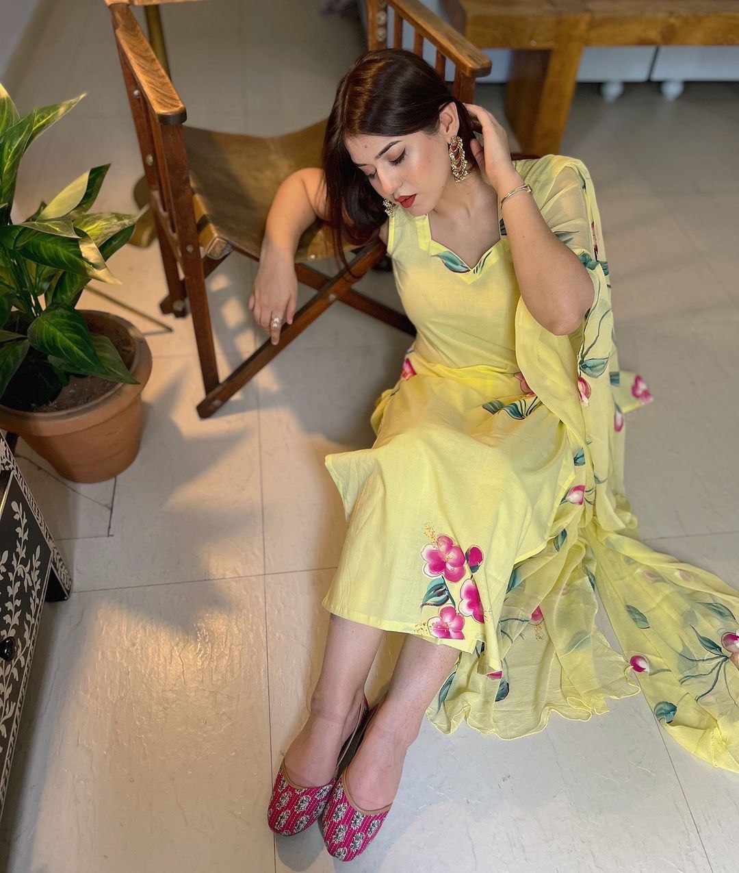 Yellow Floral Handpainted Straight Cut Suit - Elegance with a Modern Touch