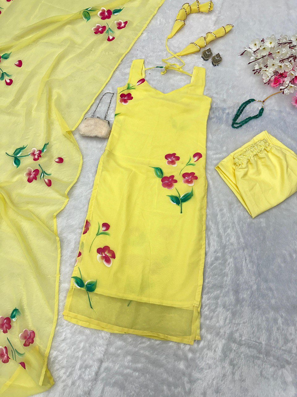 Yellow Floral Handpainted Straight Cut Suit - Elegance with a Modern Touch