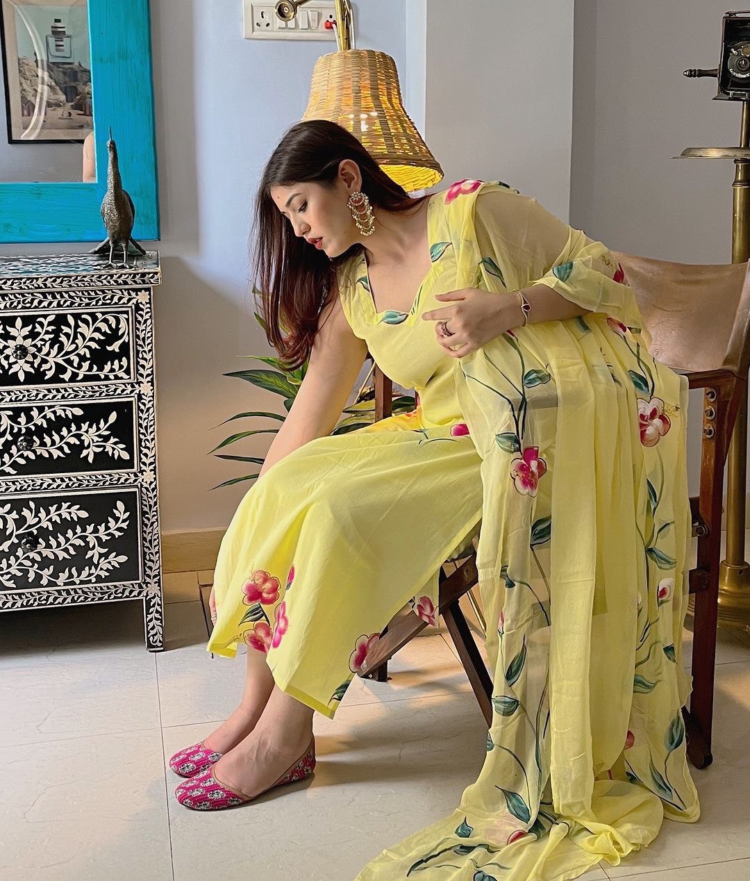 Yellow Floral Handpainted Straight Cut Suit - Elegance with a Modern Touch
