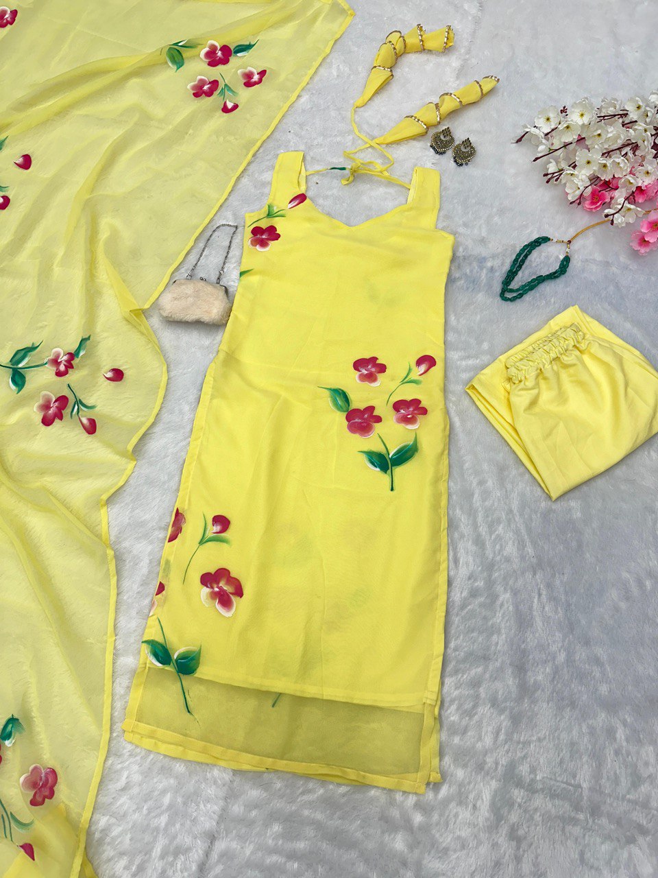 Yellow Floral Handpainted Straight Cut Suit - Elegance with a Modern Touch