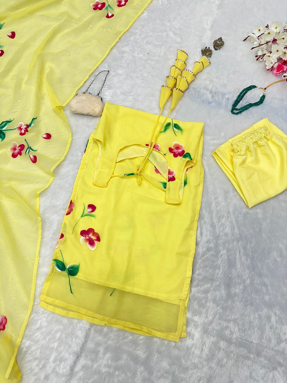 Yellow Floral Handpainted Straight Cut Suit - Elegance with a Modern Touch