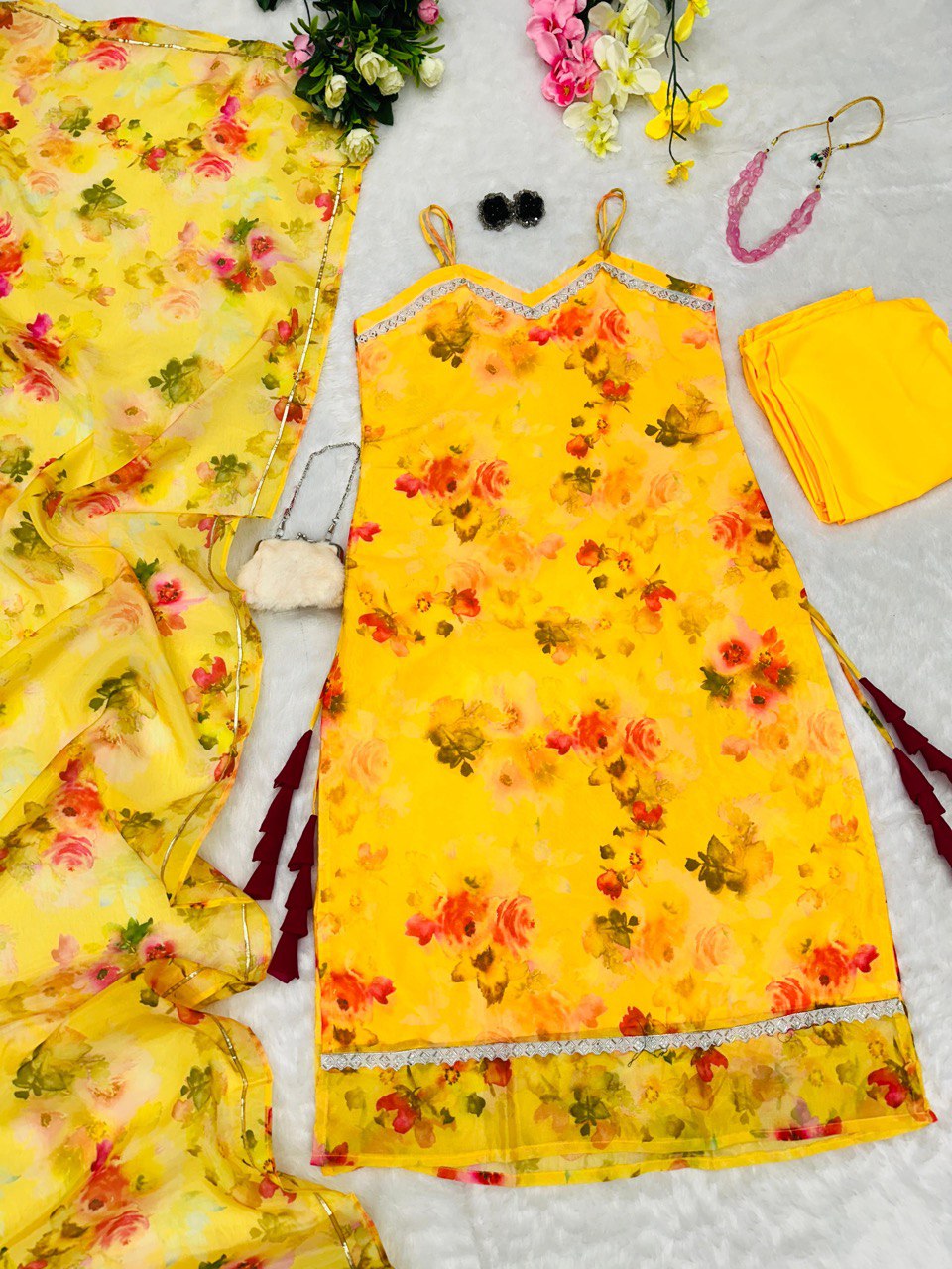 Yellow Floral Organza Straight Cut Suit with Dupatta