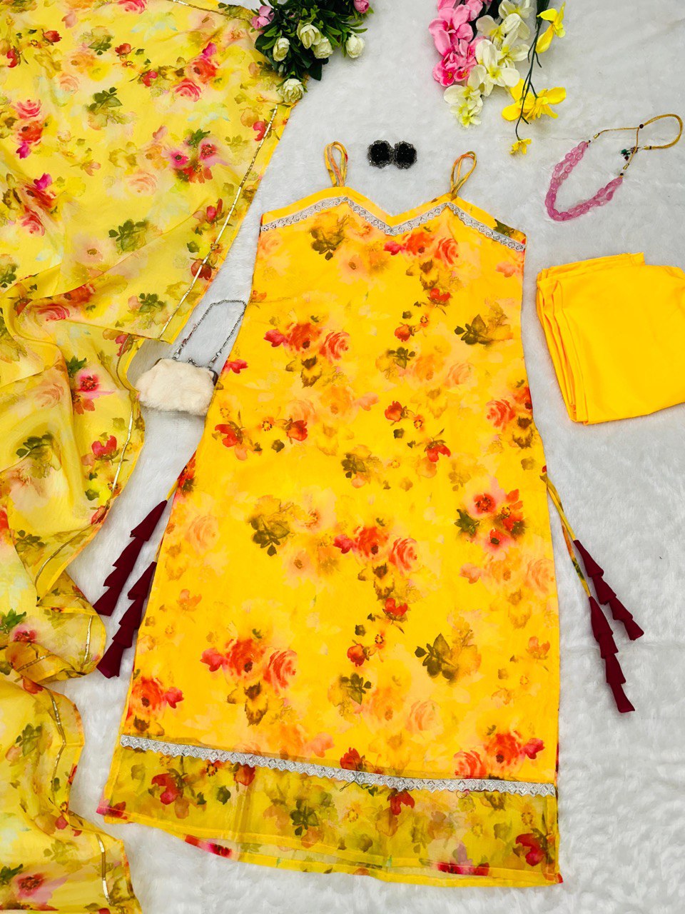 Yellow Floral Organza Straight Cut Suit with Dupatta