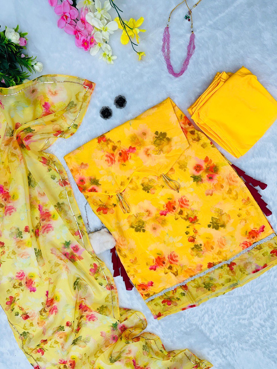 Yellow Floral Organza Straight Cut Suit with Dupatta