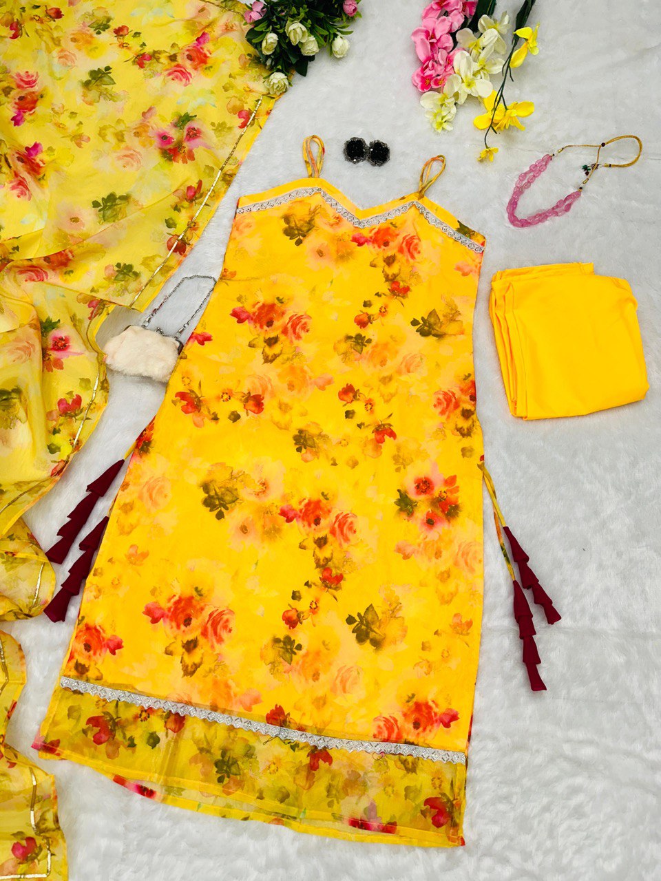 Yellow Floral Organza Straight Cut Suit with Dupatta