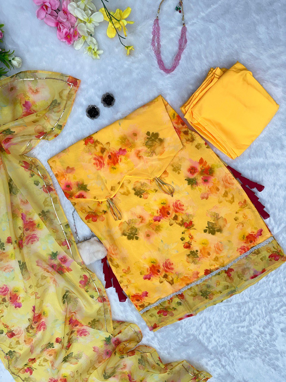 Yellow Floral Organza Straight Cut Suit with Dupatta