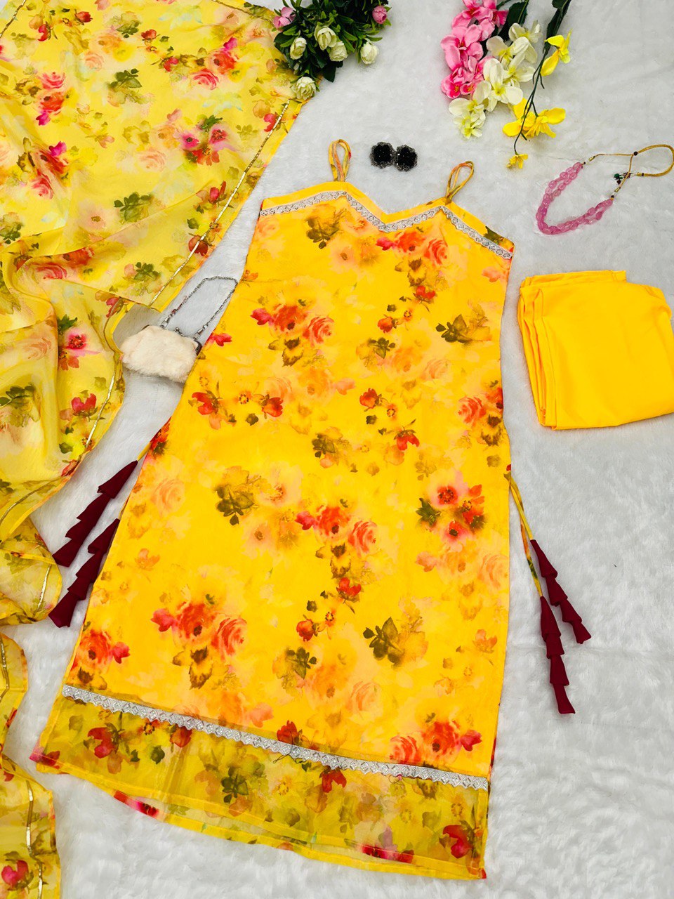 Yellow Floral Organza Straight Cut Suit with Dupatta