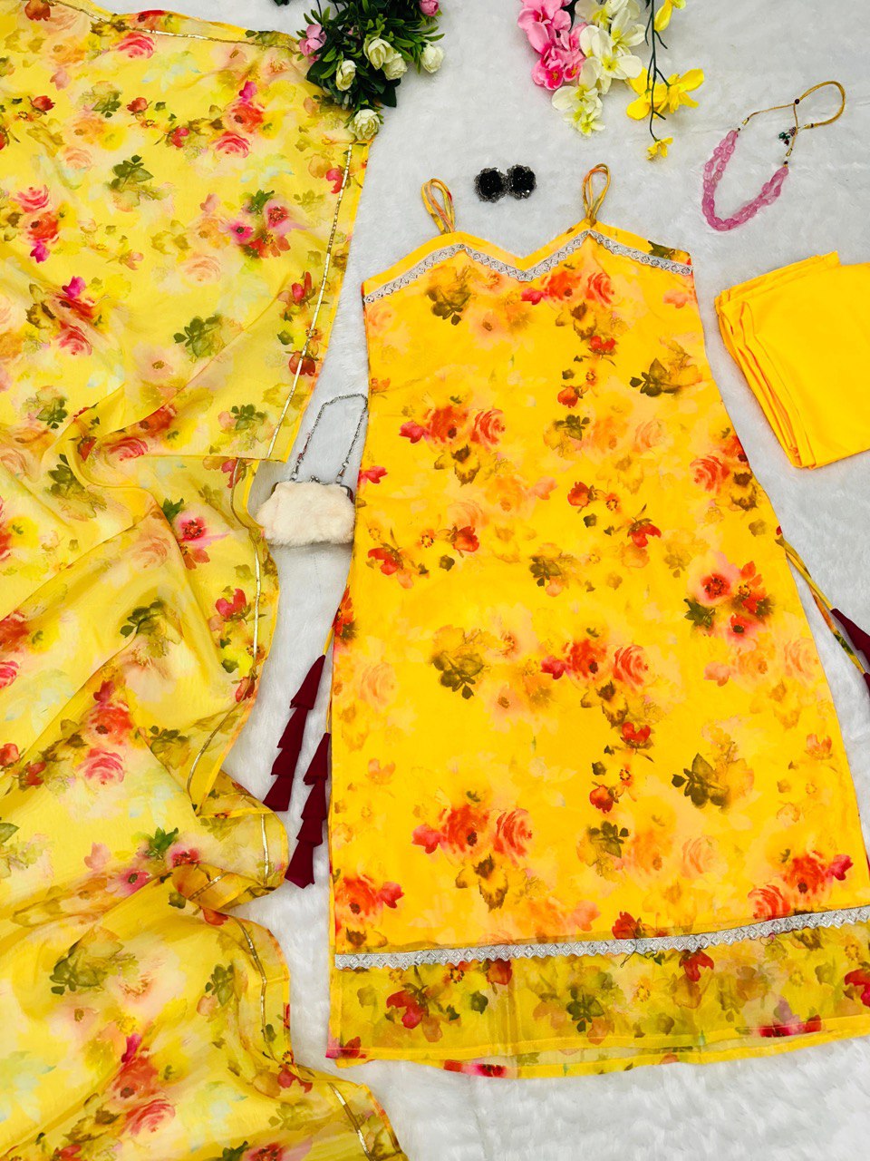 Yellow Floral Organza Straight Cut Suit with Dupatta