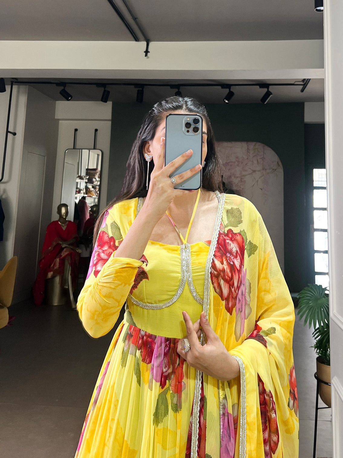 Yellow Floral Print Chiffon Stitched Gown with Lace Touch-Up & Designer Dupatta – Full Flair Partywear Gown for Women