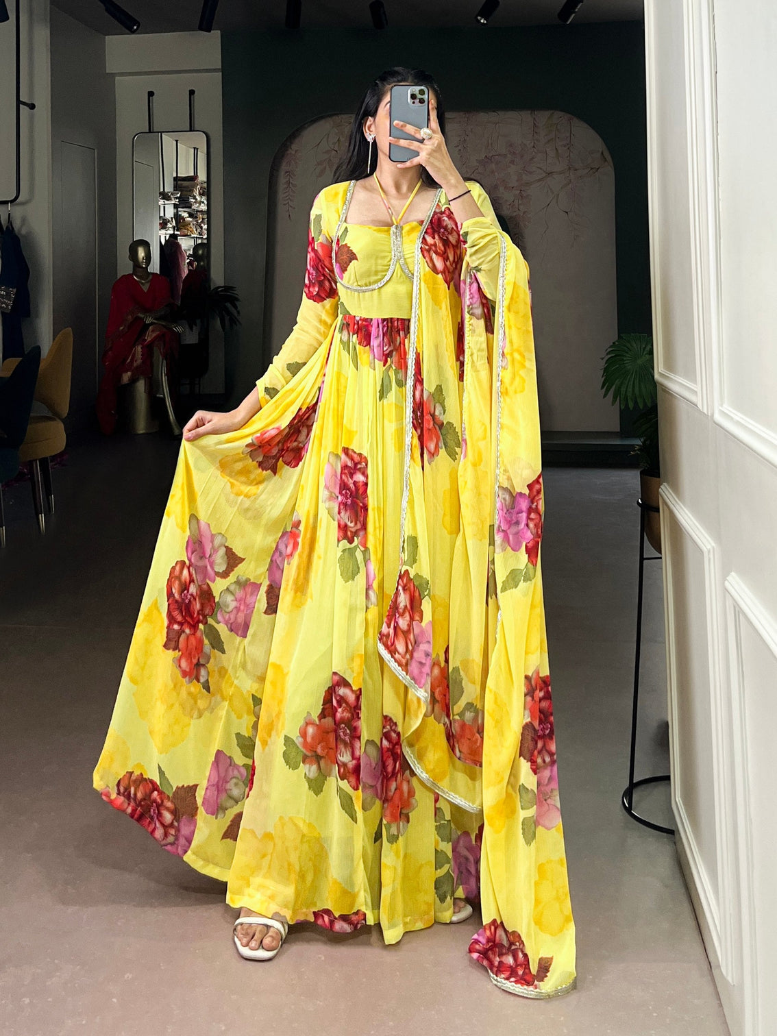 Yellow Floral Print Chiffon Stitched Gown with Lace Touch-Up & Designer Dupatta – Full Flair Partywear Gown for Women